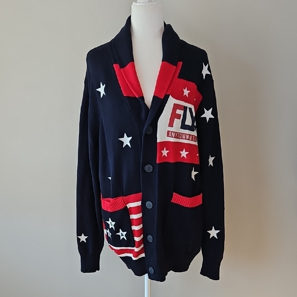 FLY Star USA Pattern Cold As ICE Patriotic Women's Long Cardigan Red White Blue